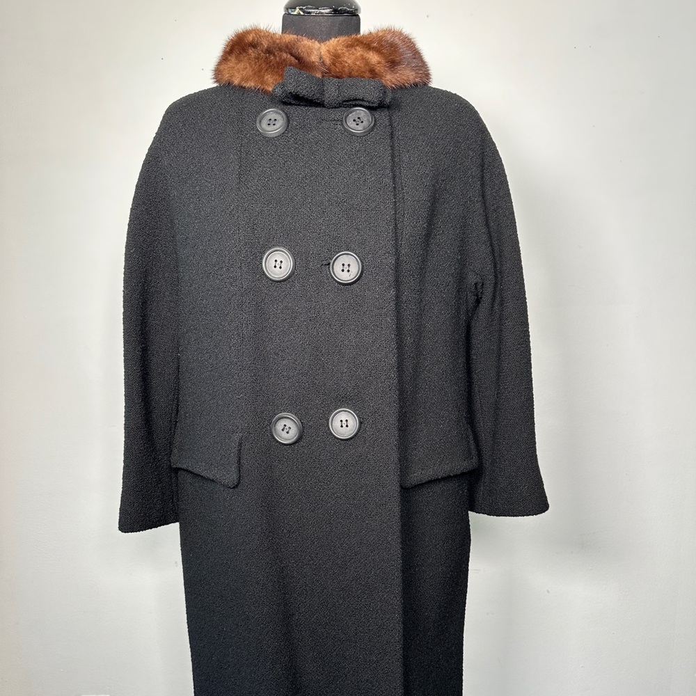 Vintage 50s Black Bouclé Wool Coat Double Breasted w/Brown Mink Collar S/M